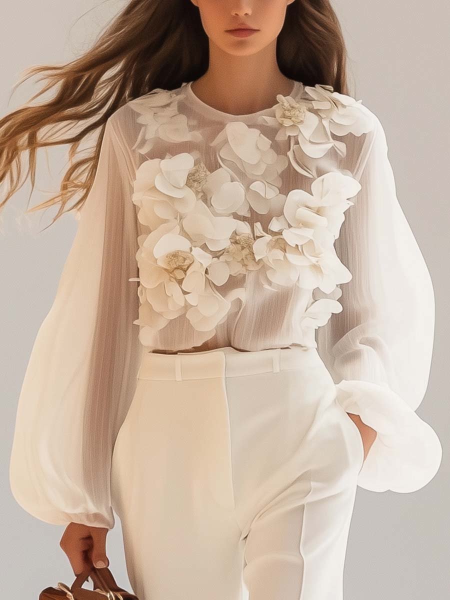  Mode Parisenne® Jora | Elegant Chiffon -top med 3D -blomstermønster-2